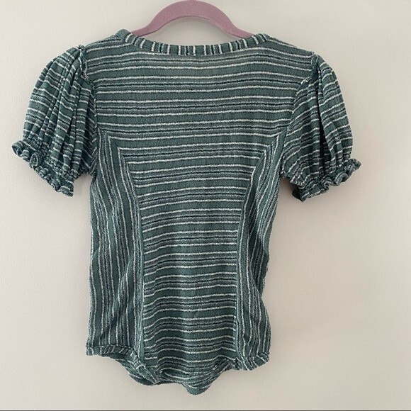 Free People Teal and White Striped Top Blouse with Ruffle Sleeves Size Small - Picture 3 of 5
